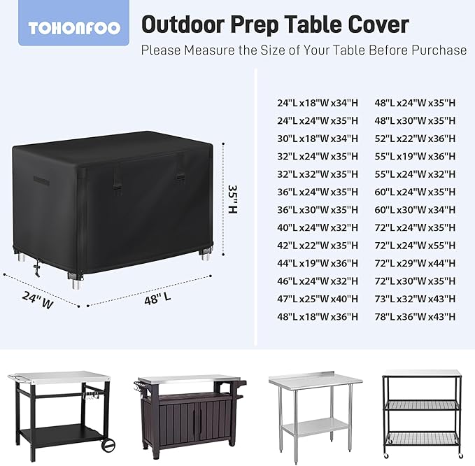 Outdoor Prep Table Cover With Split Zipper - Waterproof Stainless Steel Metal Dining Cover - Grill Cart Protection - 48"L x 24"W x 35"H
