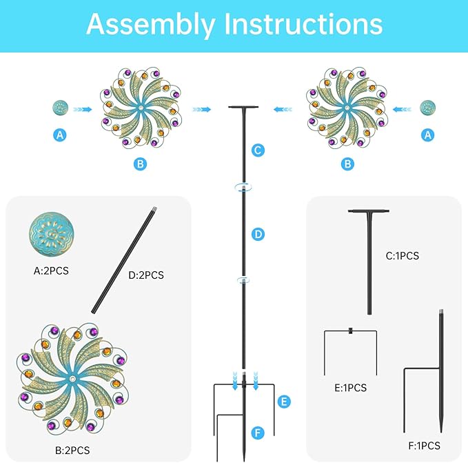 Metal Wind Spinners Outdoor, Golden Kinetic Wind Sculpture Garden Pinwheels with Metal Stake, Yard Art Decor for Patio, Lawn & Garden, Creative Gifts 57.5 * 13 Inch