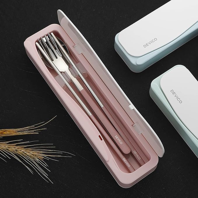DEVICO Travel Utensils, 18/8 Stainless Steel 4pcs Cutlery Set Portable Camp Reusable Flatware Silverware, Include Fork Spoon Chopsticks with Case (Pink)