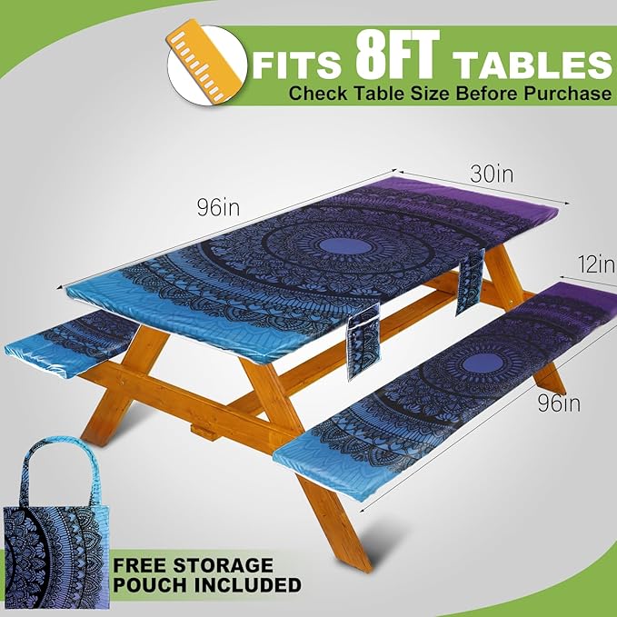Picnic Table Cover with Bench Covers Vinyl Elastic Edges Fitted Rectangle Seat Tables Waterproof 3-Piece96X30in Set Outdoor Rectangular Folding Backing Tablecloth for Camping Over SizeTie-Dye108