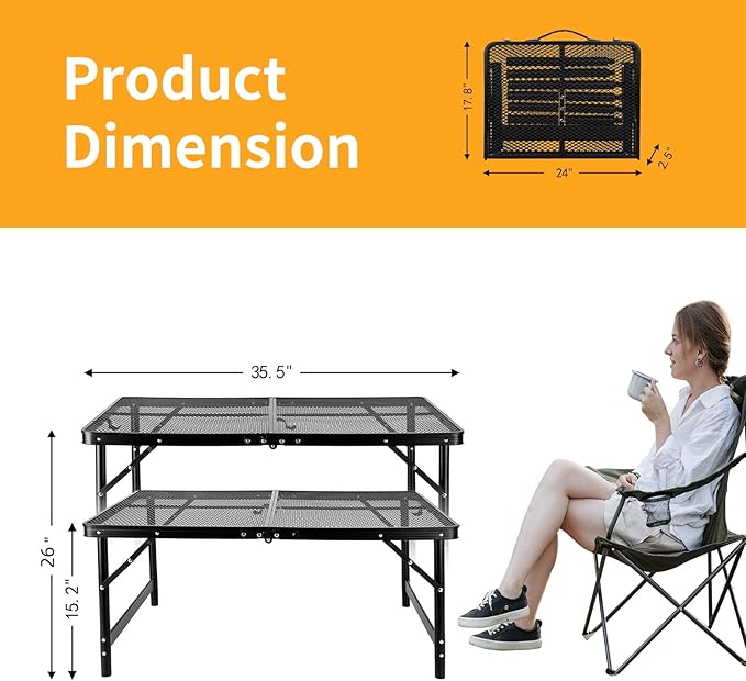 Camping Table 3FT Grill Table Foldable Folding Picnic Portable Stand Mesh 2 Height Adjustable Outdoor Card BBQ RV Black 35.5×23.6 ×26 inch