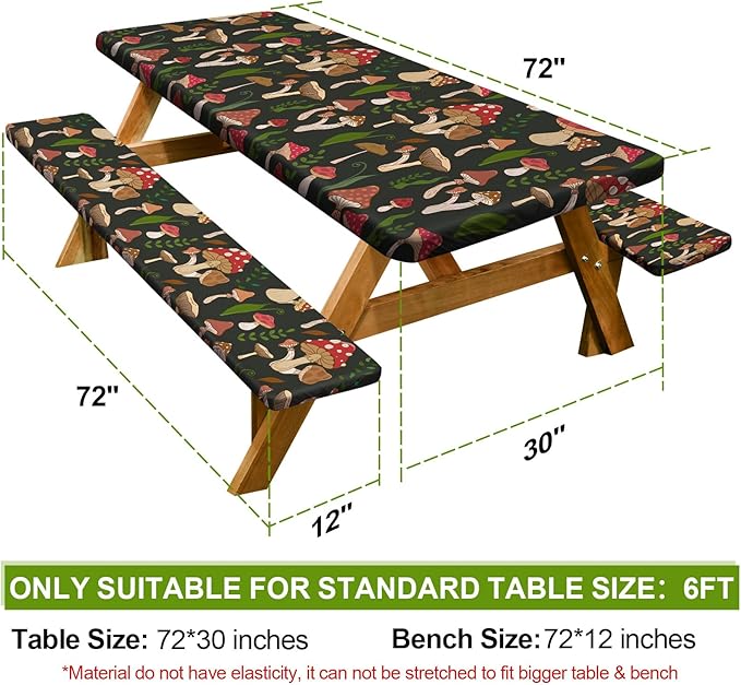 Picnic Table Cover with Bench Covers Camping Essentials Waterproof Windproof Camping Tablecloth with Drawstring Bag, Fitted Rectangle Tables and Seats, 72in, Black Red