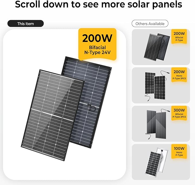 BougeRV 24V N-Type 16BB 200W Bifacial Solar Panel, 24V 200 Watt Solar Panel, for RV Camping Boat Marine Log Cabin Roof, Charing Golf Cart Lithium Battery, Black Frame (1PCS)