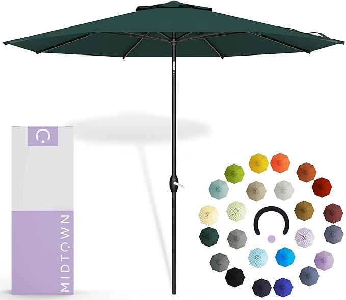 Midtown Umbrellas 10-Year-No-Fade - 8 Ft - UV Proof Forest Green Polyester Fabric - Umbrella Outdoor Patio, Auto-Tilt Aluminum Frame Patio Umbrella for Garden, Pool & Deck - Black Pole