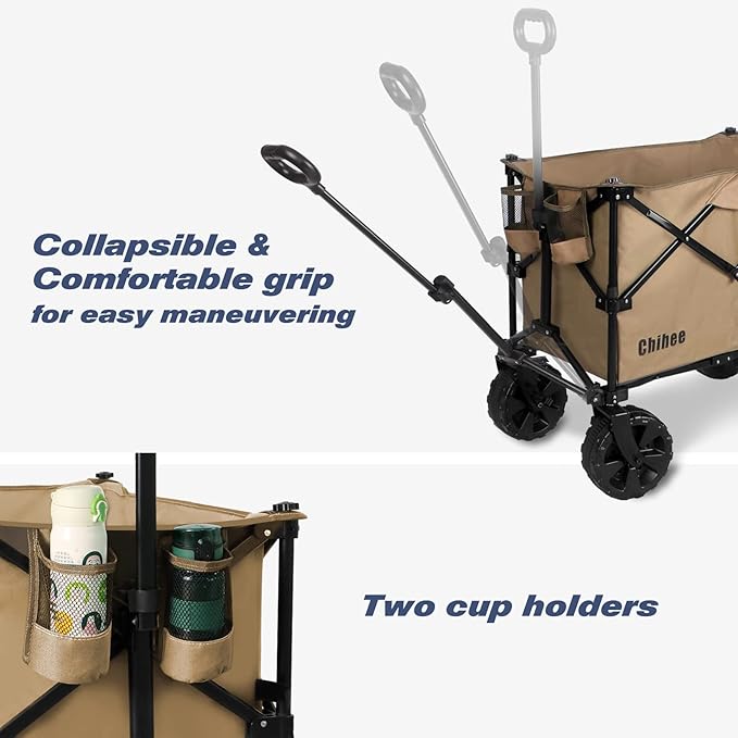 Chihee Folding Wagon Cart Garden Cart Heavy-Duty with 2 Cup Holders,Camp Cart for All-Terrain Wheels with Braking System Large Capacity Removable Fabric,for Sporting Events,Camping,Beach Trips