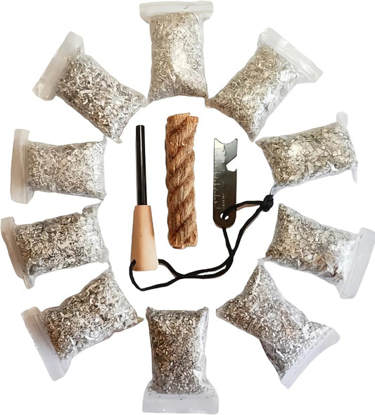eGreen Fire Starter Kit – 10 to 30 Magnesium Bags with 3.15" Ferro Rod + Optional 60-Minute Wax Rope – Emergency Survival Ignition Set for Camping & Bushcraft