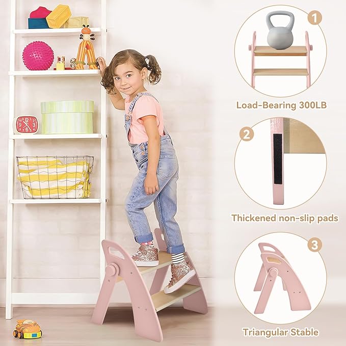 Wooden 2 Step Stool for Kids Bathroom Sink Foldable Anti-Slip 2-Step for Toilet Potty Training, Child Stepping Stool for Kitchen Nursery Bedroom, Sturdy Non Slip Adult Stool for Closet Pink