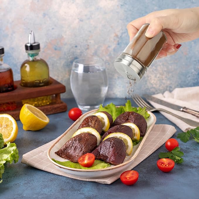 Segarty Spice Jars, 3 Pack 3 oz Spice Bottles with Shaker Lids, Glass Empty Seasoning Containers with Adjustable Pour Holes for Kitchen Spice Storage Stainless Steel Flow Top Salt and Pepper Shakers