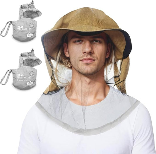 Benvo Mosquito Head Net Mesh One Piece Face Neck Fly Netting Cover from Bugs Gnats Noseeums Hat-Compatible Insect Shield for Fishing, Camping, Gardening (2pcs, Grey, Upgraded Big Net)