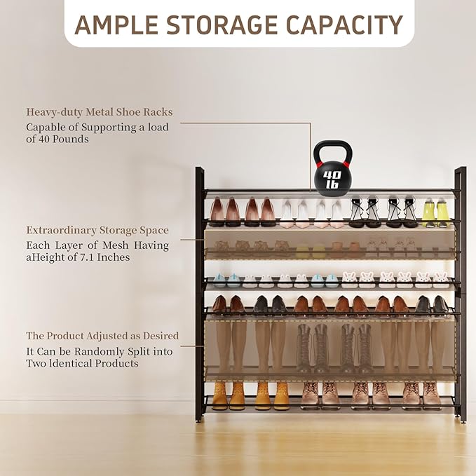 Metal Shoe Rack,Large 8 Tier Shoe Organizer, Heavy Duty Metal 4-Tier Stackable Shoe Storage Vertical Shoe Rack for Closet Front Door,Entrance,Entryway,GarageUp to 50 Pairs,Black