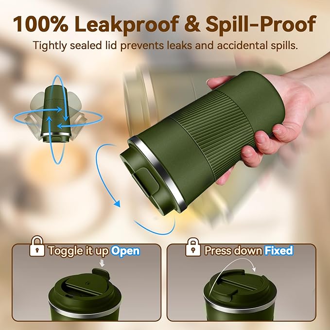 12OZ Travel Coffee Mug Insulated Coffee Cup with Spill Leak Proof Lid, Portable Stainless Steel Tumbler Reusable Hot and Cold Water Mug for Car, Daily, Camping- Military Green