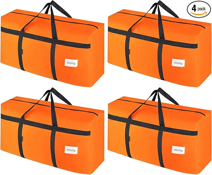 4 Pack Moving Bags Heavy Duty Extra Large 90L, College Packing Bags for Moving Clothes, Moving Supplies & Boxes with Zippers and Handles, Storage Bags Moving Totes Camping Essentials (Orange)