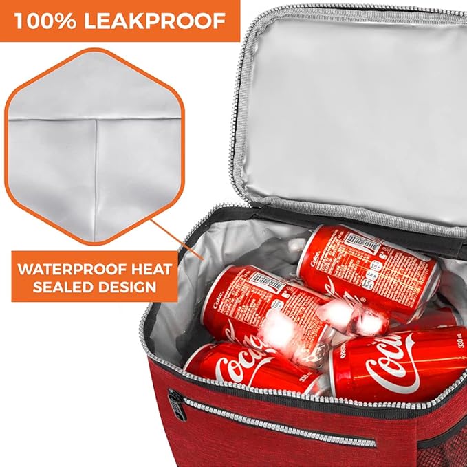 opux Extra Large Insulated Lunch Box Men Women, Lunch Bag for Work, Leakproof Soft Cooler Tote Adult, Lunch Pail, Picnic Beach Collapsible Food Bag with Shoulder Strap, Red