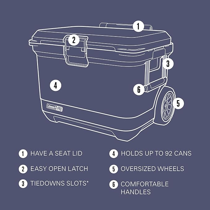 Coleman Pro Heavy-Duty 55qt Wheeled Ultra-Light Premium Hard Cooler, Extra-Thick Insulation Keeps Ice up to 5 Days, 92-Can Capacity, Heavy-Duty Wheels