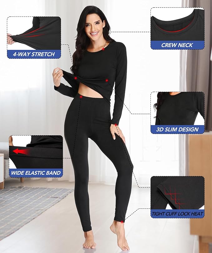 Women 's Thermal Underwear Set with Lightweight Ultra Soft Fleece Lined,Long John Set, Skiing Base Layer