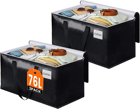 BlissTotes Moving Bags, Heavy Duty Moving Boxes with Zippers Top and Sturdy Handles, Storage Bags for Space Saving and Packing, Collapsible Moving Supplies, Storage Totes (76L, 2-Pack, Black)