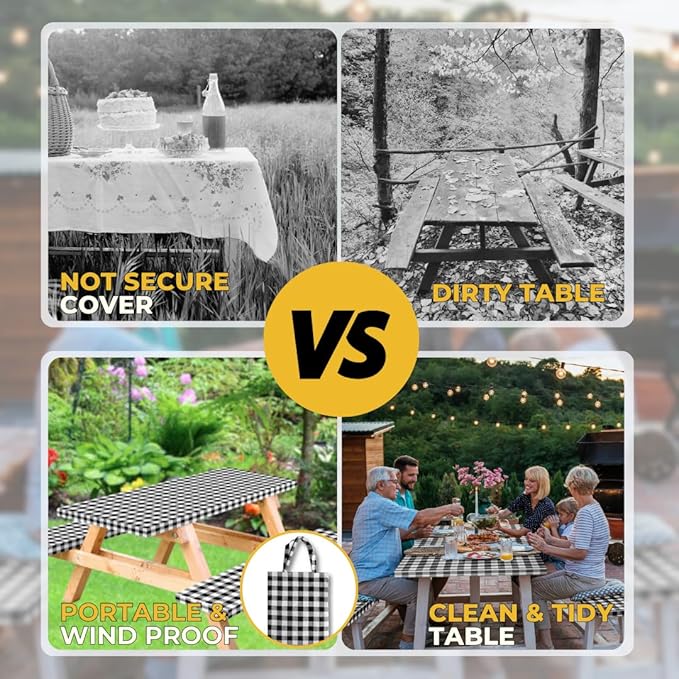 RNOONY Vinyl Fitted Picnic Table Cover with Bench Covers and Bag, 6ft Outdoor Waterproof Windproof Tablecloth with Elastic Edges. Camping RV Gear Campers Must Have 72x30 Inches 4 Pcs Set (Black)