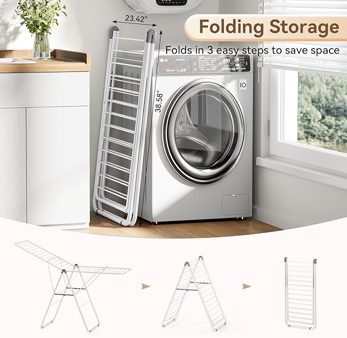 APEXCHASER Clothes Drying Rack, Foldable Drying Rack Clothing, Sturdy Metal Laundry Drying Rack, Height-Adjustable Gullwing, Easy to Fold, Space-Saving, for Indoor Outdoor, White