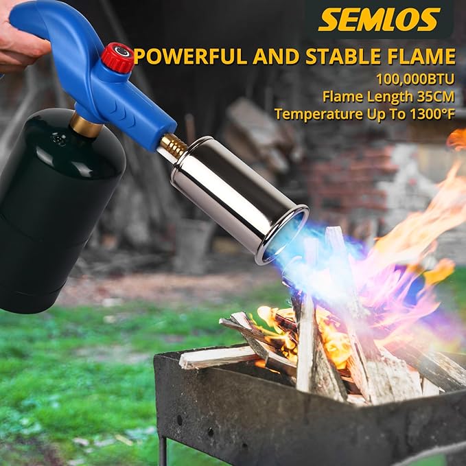 Semlos Propane Torch, Premium Metal Large Torch, Refillable Blow Torch Lighter with Adjustable & Wind Resistant Flame for Cooking, BBQ, Welding, DIY & Soldering (Propane Gas Not Included)