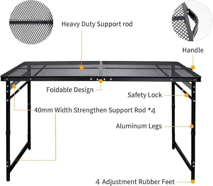 Camping Table 4FT Grill Table Foldable Folding Picnic Portable Stand Mesh 3 Height Adjustable Outdoor Card BBQ RV Black 47.2×23.6 inch