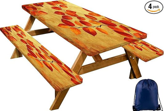 CAPSCEOLL Elastic Picnic Table Cover with Bench Covers 5Ft Waterproof Fitted Picnic Table Cover Cloths for Outdoors Camping Tablecloth with Drawstring Bag, 60X30in, Burnt Orange Leaves