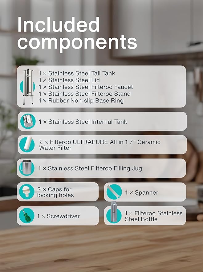 Countertop Gravity Water Filter System - 3.17 Gal/12L | 304 Stainless Steel | Gravity-Fed Water Purifier with 2 Fluoride & Chlorine Reduction Ceramic Cartridges | Also Removes Bacteria & Heavy Metals