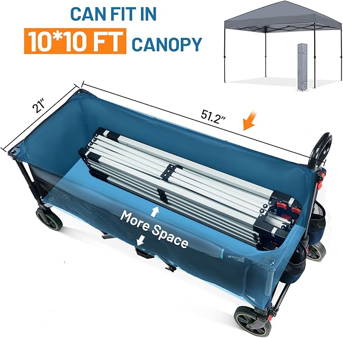 TIMBER RIDGE 51.2'' Extended Collapsible Wagon Cart with Brakes and Cargo Net, 350LBS Heavy Duty Foldable Utility Wagon with Adjustable Handle, 400L Capacity Portable Cart for Camping Sports Shopping