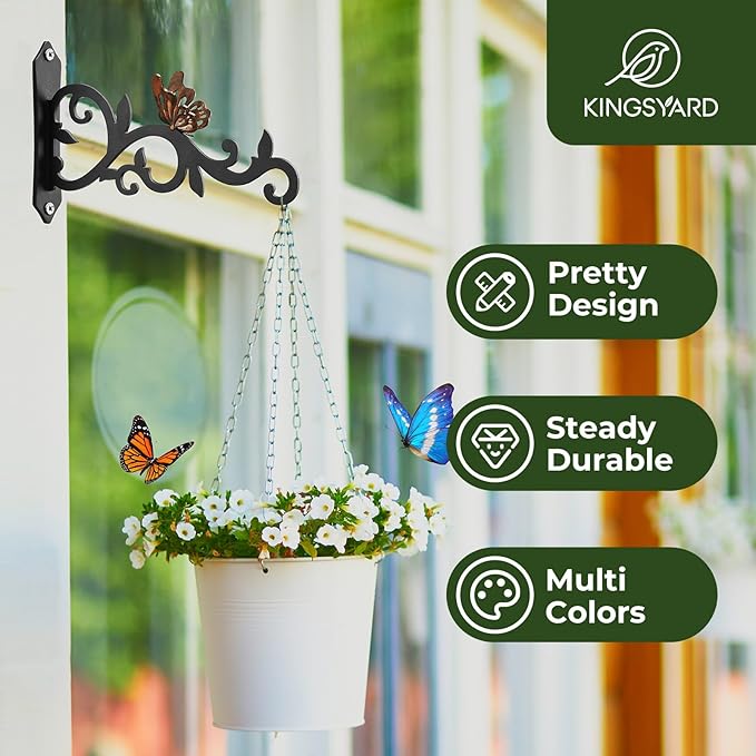 Kingsyard 2-Pack Wall Plant Hanger - 8 Inch Heavy Duty Metal Hooks with Butterfly Decor for Hanging Plants, Feeders, Lanterns & Wind Chimes, Indoor&Outdoor Use, Copper