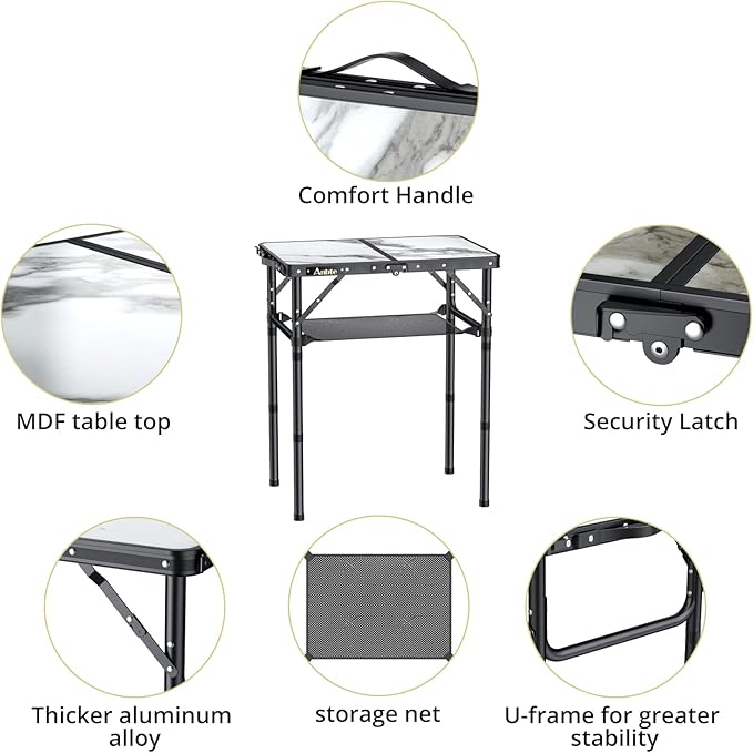 Folding Camping Table with Storage Net, 3 Adjustable Height Max 27.5" Aluminum Small Folding Table, Portable Table with Carry Handle, Lightweight, for Outdoor Indoor Travel Camping Picnic