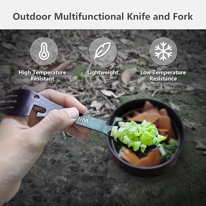 WILDAIR Stainless Steel Spork Camping Utensil with Knife Spoon Fork Bottle Can Opener 5 in1 Functional Multi Flatware