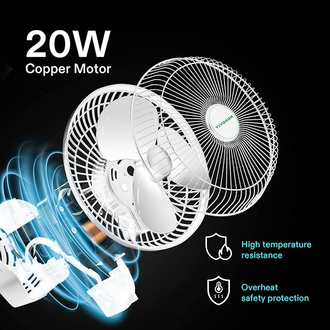 VIVOSUN AeroWave A6 Grow Tent Clip Fan, Patented Portable Auto Oscillating Fan 6" with 2-Speed, Strong Airflow but Low Noise, and Fully-Adjustable Tilt for Hydroponic Ventilation, White, 2-Pack
