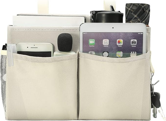 Bunk Bed Organizer, Bedside Caddy Hanging Bed Organizer Storage Bag with 4 Pockets and 2 Hooks, for College Dorm Rooms Bed, Hospital Bed, Baby Bed Rails, 600D Oxford Cloth (Beige)