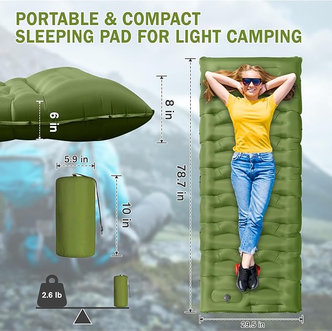 Sleeping Pad, 6" Extra Thick Camping Mat with Pillow Built-in Foot Pump, Ultra Comfortable Inflatable Sleeping Mat for Camping, Backpacking, Hiking, Camp Tent - Enjoy a Comfy Sleep