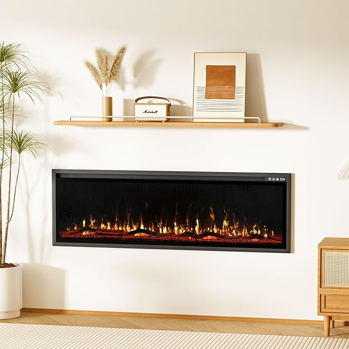 BREEZEHEAT 60 Inch Electric Fireplace-Recessed & Wall Mounted Linear Fireplace-750/1500W Heater w/Temperature Control, Log & Crystal Options, Adjustable Flame, Remote Control