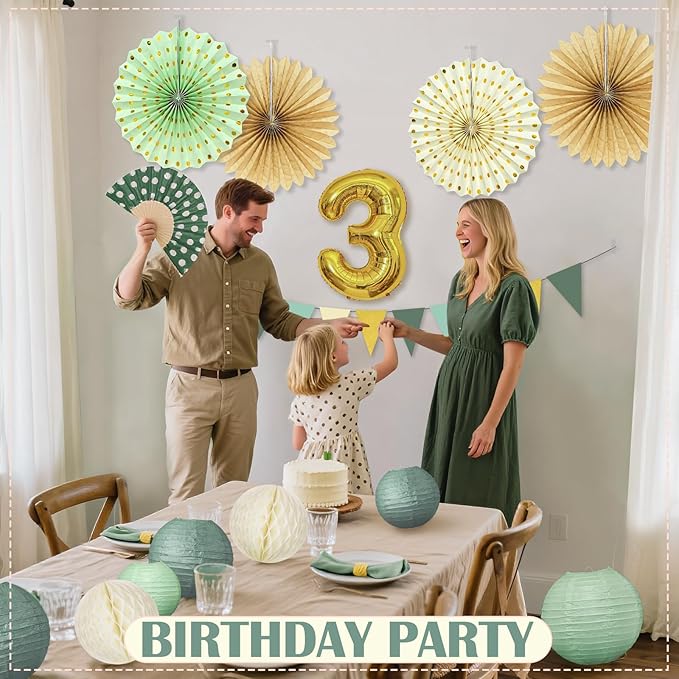 17Pcs Sage Green Party Decorations, Sage Green Gold Cream Paper Lanterns Paper Fans for Baby Shower Birthday Wedding Engagement Bridal Shower Party Decorations
