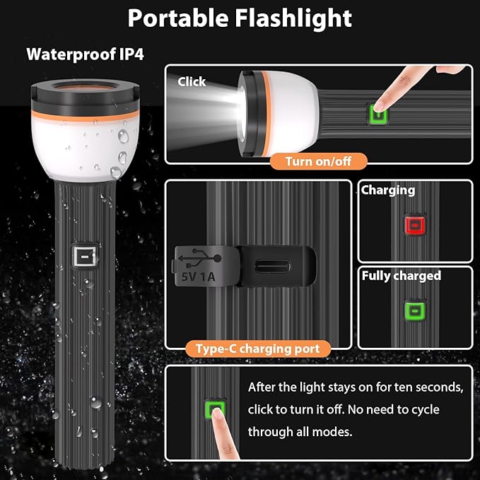 Sunzone Rechargeable Flashlight and Camping Lantern 2 Pack, Hign Lumens 4 Lighting Modes Portable Flash Light Floodlight for Outdoor Camping, Inspection Work Light,Emergency