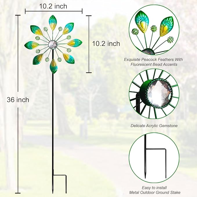 Metal Peacock Wind Spinner for Outdoor Garden Decor - 36 Inch Height Feather Wind Catcher with Stake, Lawn & Patio Art, Weather-Resistant Yar