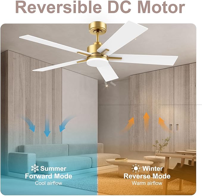 52” Smart Ceiling Fan with LED Lights Remote,Quiet DC Motor,Voice Control via Alexa Google WIFI Phone,Outdoor Indoor Modern Ceiling Fans,Dimmable,for Bedroom Patio Porch,Gold and White Black