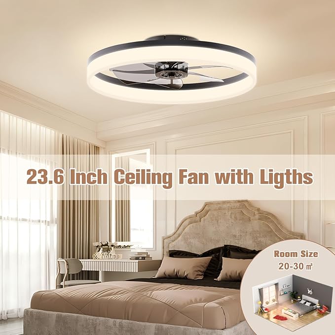 VOLISUN Low Profile Ceiling Fans with Lights and Remote, 23.6in Flush Mount Ceiling Fans with Light, 3000K-6500K Dimmable Fandelier LED Fan Light, Bladeless Ceiling Fan with Lights for Bedroom(Black)