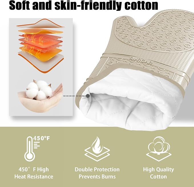 Oven Mitts with Heat-Resistant Hot Pads and Five Silicone Spatulas Designed for Kitchen Baking Cooking, Oven Glove Soft Cotton Lining, Waterproof, BPA-Free (Beige, 12.6)