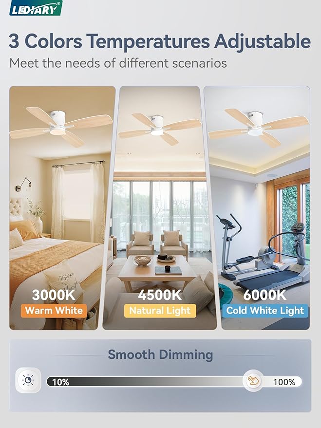 LEDIARY 52 inch Ceiling Fans with Lights and Remote Control,Flush Mount Ceiling Fan with Quiet Reversible DC Motor,White Modern Low Profile Ceiling Fan with Light for Bedroom Living Room Patio