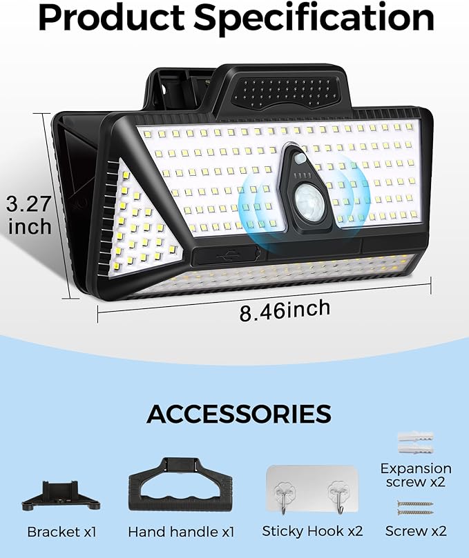 208Leds Solar Lights Outdoor,Clip on Motion Sensor Outdoor Lights,6000K,1000LM High Bright Solar Powered Flood Light with 3 Mounting Ways for Bakcyard Fence Garage Camping