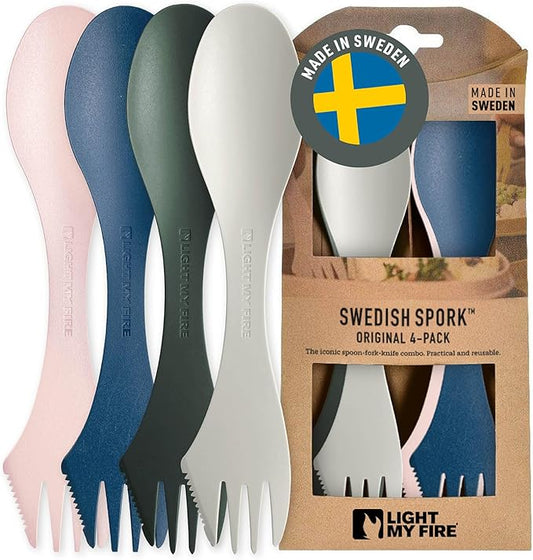 Light My Fire Spork Original 4-Pack 3-in-1 Camping Spoon Fork Knife Combo Reusable Travel & Camping Utensils Lunch Spork Outdoor Backpacking Hiking Picnic Utensil BPA Free, Meadow