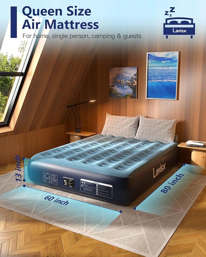 Queen Air Mattress with Built in Pump 13" Blow Up Mattress Raised Air Bed, 3 Mins Quick Self Inflatable with Storage Bag for Guest and Home