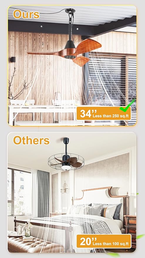 3 Blades Wood Outdoor Ceiling Fan for Patios, Farmhouse Rustic Ceiling Fans, 34" Plug-in Wet Rated Outdoor Gazebo Fan for Exterior House Porch Patio, Waterproof,F248