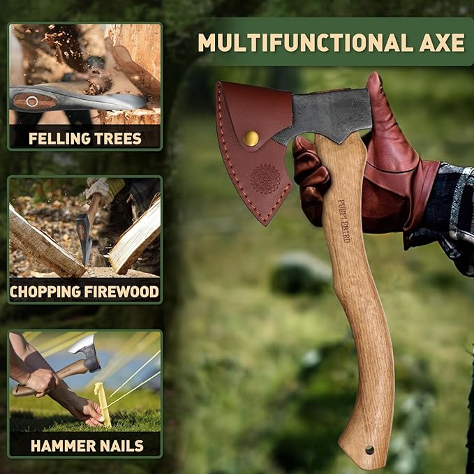 PURPLEBIRD Hatchet Axe with Sheath for Camping, 15 Inch Bushcraft Axe Carbon Steel Chopping Axe Wood Handle Splitting Axe, Hand-Forged Camping Hatchet for Carving Bushcraft Outdoor Forest Garden