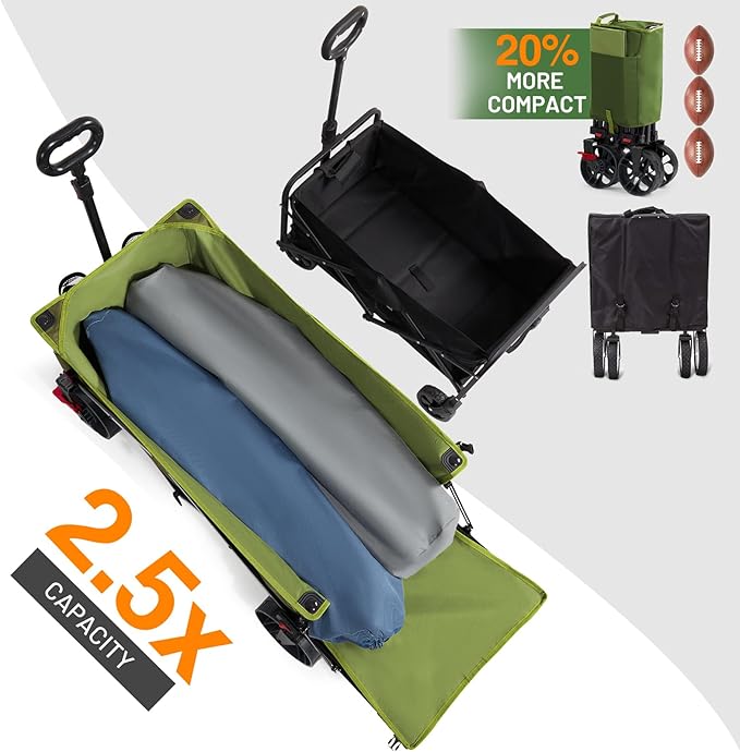 Timber Ridge 47" L Collapsible Wagon with Tailgate & Brake, 300lbs Heavy Duty Beach Wagon with All-Terrain Big Wheels, 250L Foldable Utility Cart for Sand Camping Sports Shopping, Green