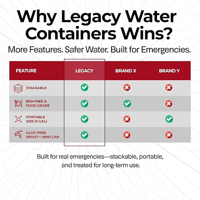 Legacy Food Storage Emergency Water Storage Containers, Long Term 5 Gallon Water Tank - 4 Stackable Food Grade Tanks Included, for Camping, Prepping, Survival - 20 Gallon Total Capacity