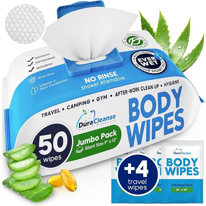 XL Body Wipes for Adults Bathing No Rinse - 50 Ct. + 4 Travel Shower Wipes - 9"x12" Thick Cleansing Bath Wash Sheets for Elderly Incontinence, Men & Women - Camping Essentials Disposable Washcloths