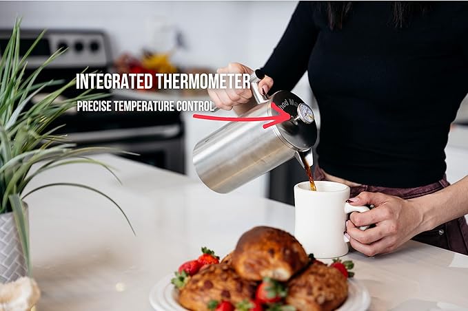 Barista Warrior French Press with Thermometer - Insulated Coffee Press - Stainless Steel Coffee Maker (1.0L, 34 fl oz, Gray)